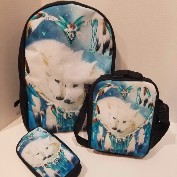 Kids' 3-piece Backpack set, White Wolves Dreamcatcher picture, EUC - Picture 2 of 15